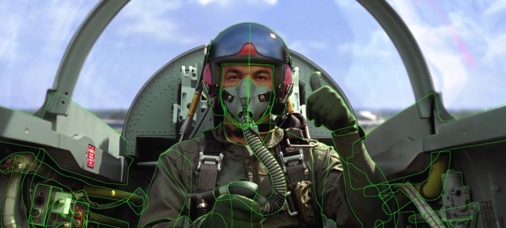 A pilot and cockpit broken into dozens of separate roto shapes