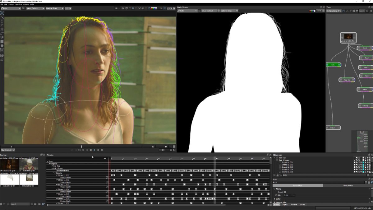 Hair rotoscoped with many colored splines in Silhouette, with the finished white matte beside it