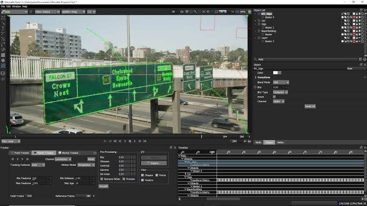 Planar tracking a highway sign, with the Planar Tracker and Mocha Tracker tabs open