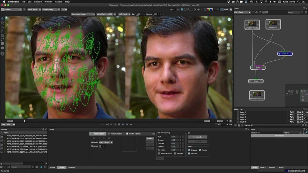 Silhouette interface with point tracks on an actor’s face and the node tree on the right