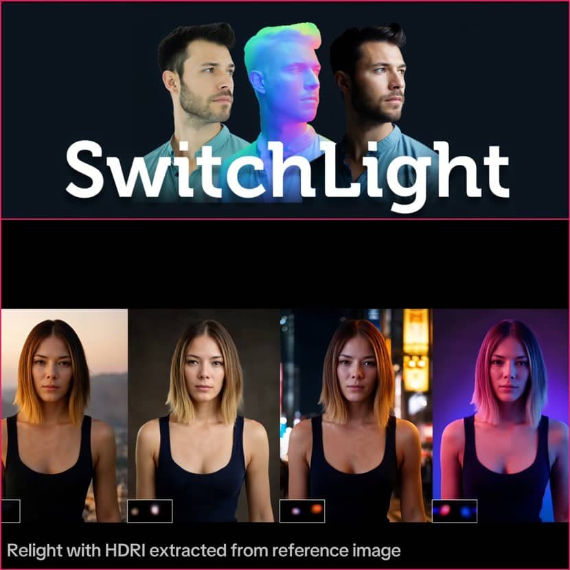 SwitchLight: a portrait, its normal map and a relit version, plus one woman relit in four different lighting setups