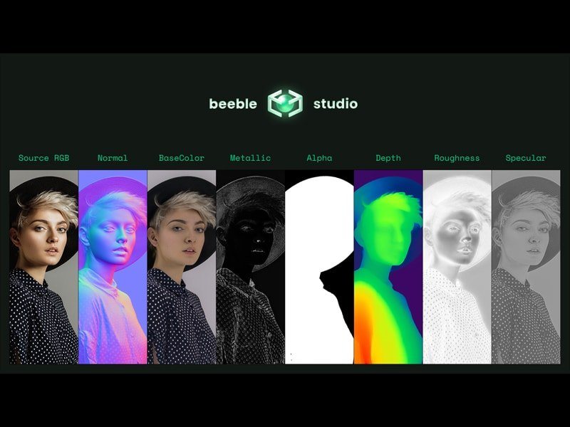 Beeble Studio passes: source RGB, normal, base color, metallic, alpha, depth, roughness and specular