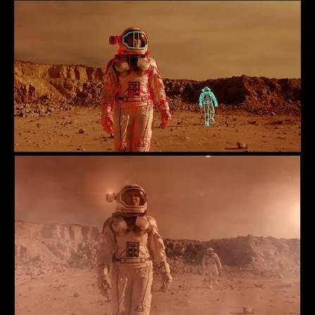 Two astronauts outlined with roto shapes on a Mars set, above the final composited shot in a dust storm
